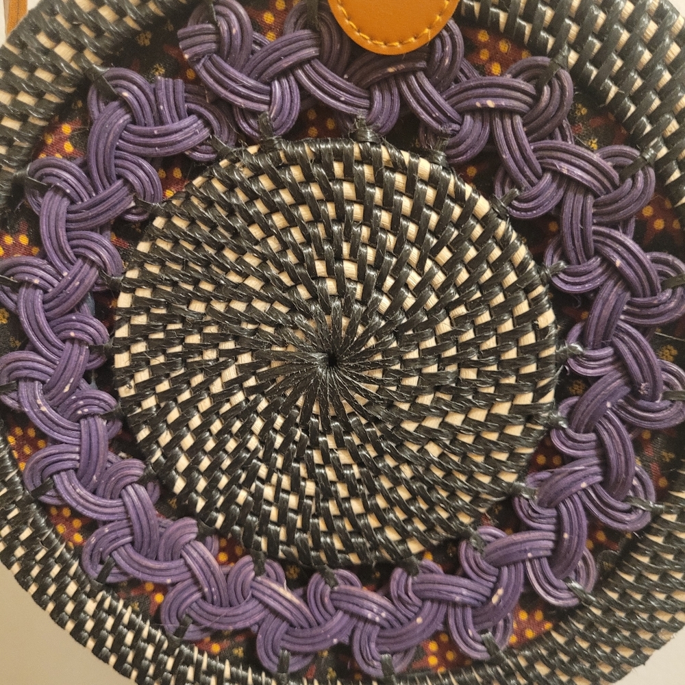 Round 8" Hand woven Rattan Wicker Straw Leather Crossbody Bag  Unique Shoulder - Picture 5 of 8
